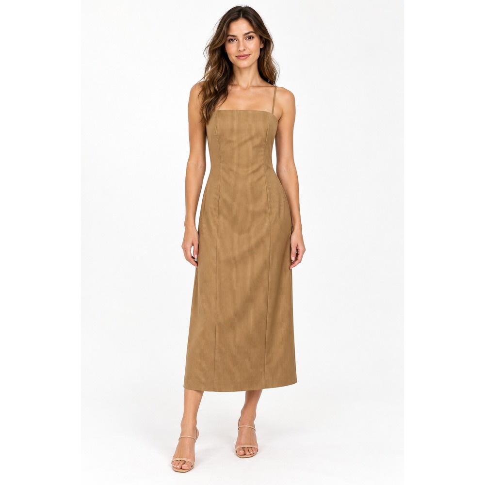 Zara Midi Dress Pinstripe Square Neck Strappy Back Small Tan Sheath Back Slit
